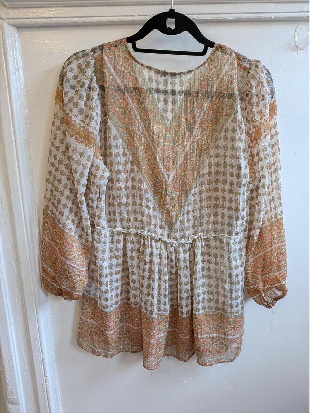 Rose + Olive Blouse Womens Small Multicolor Paisley V Neck Ruffle Tunic Top - Picture 5 of 6